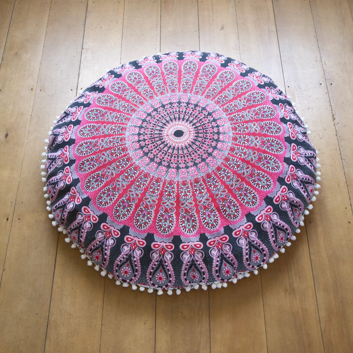 Round Mandala Pom Pom Floor Cushion Cover – Pink