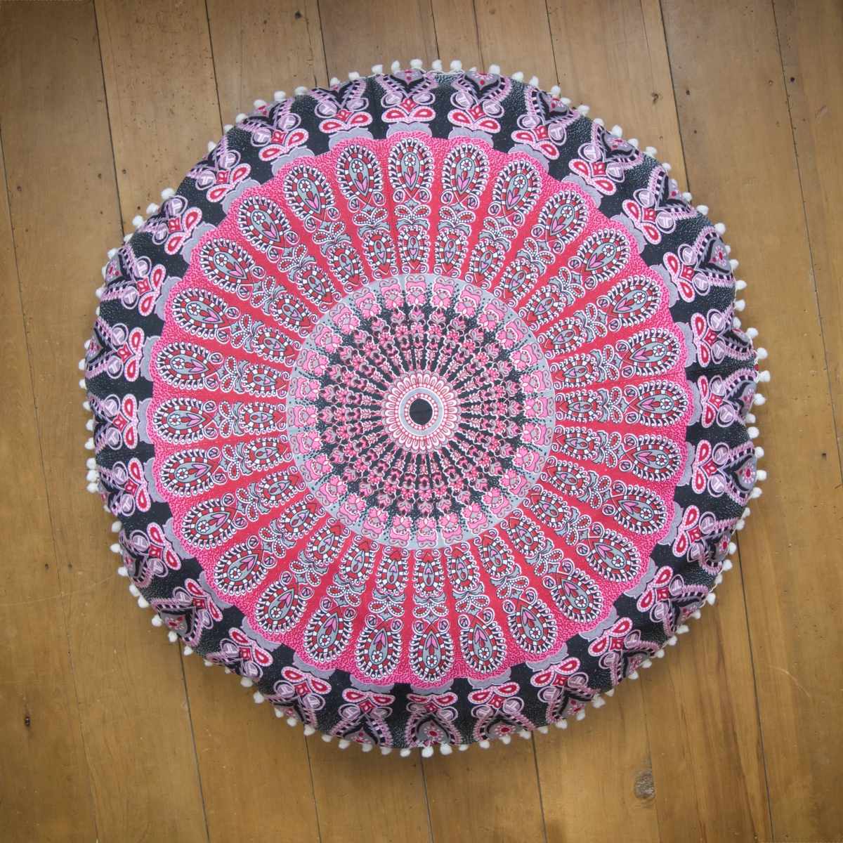 Round Mandala Pom Pom Floor Cushion Cover – Pink