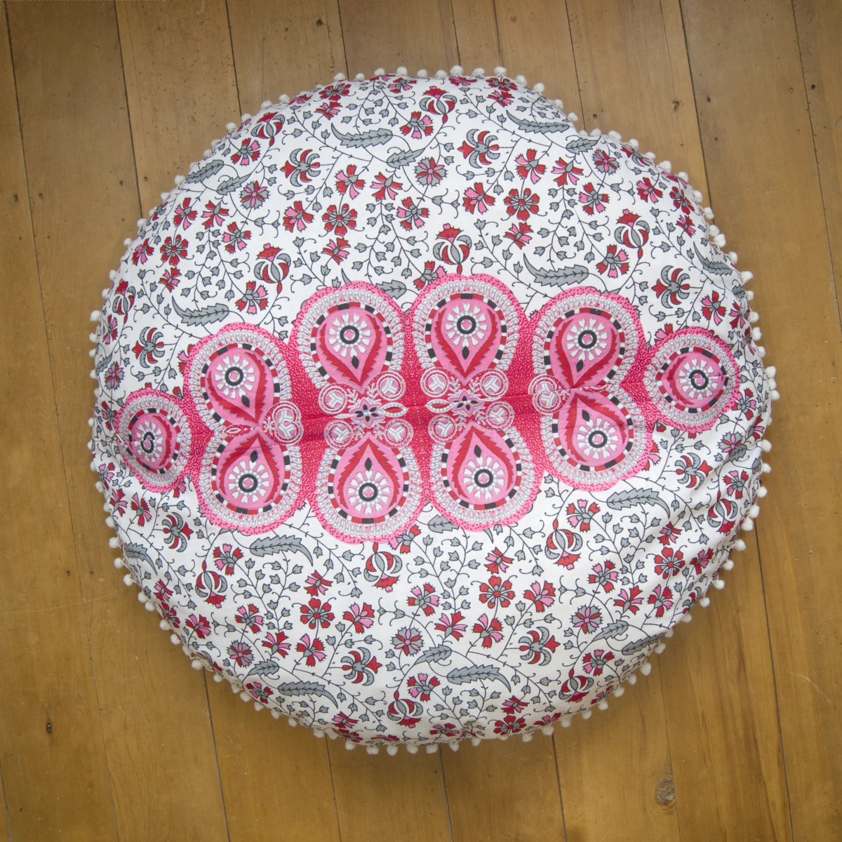 Round Mandala Pom Pom Floor Cushion Cover – Pink