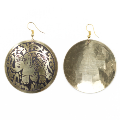 Brass Disk Elephant Pattern Earrings