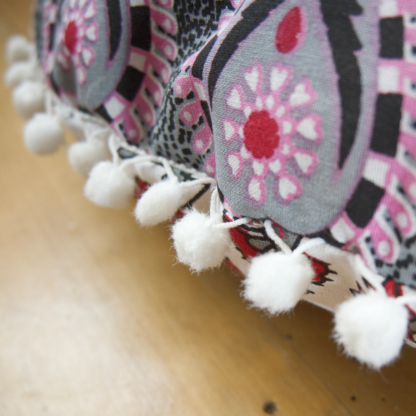 Round Mandala Floor Cushion with Pom Pom